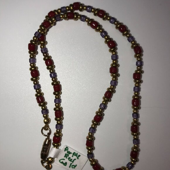 14" Long Red, Purple, and Gold Beaded Necklace - Picture 4 of 12